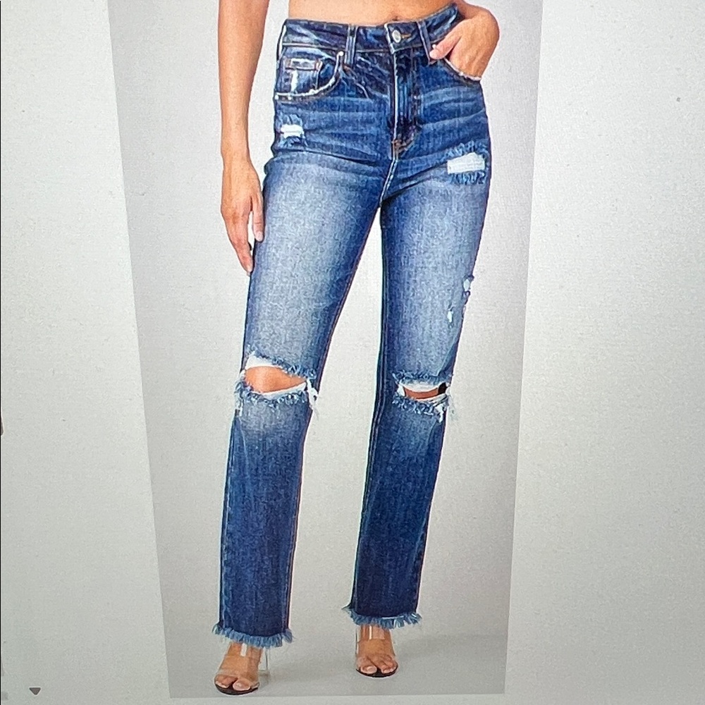 Distressed Blue Straight Leg Jeans for Women